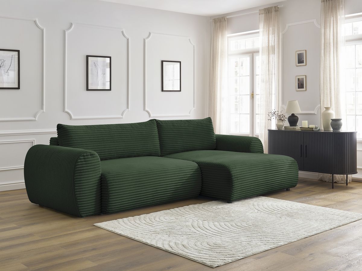 Bobochic Lucien Ecksofa mit Schlaffunktion und Bettkasten 314 × 167 cm Breitcord weich Grün Ecke rechts