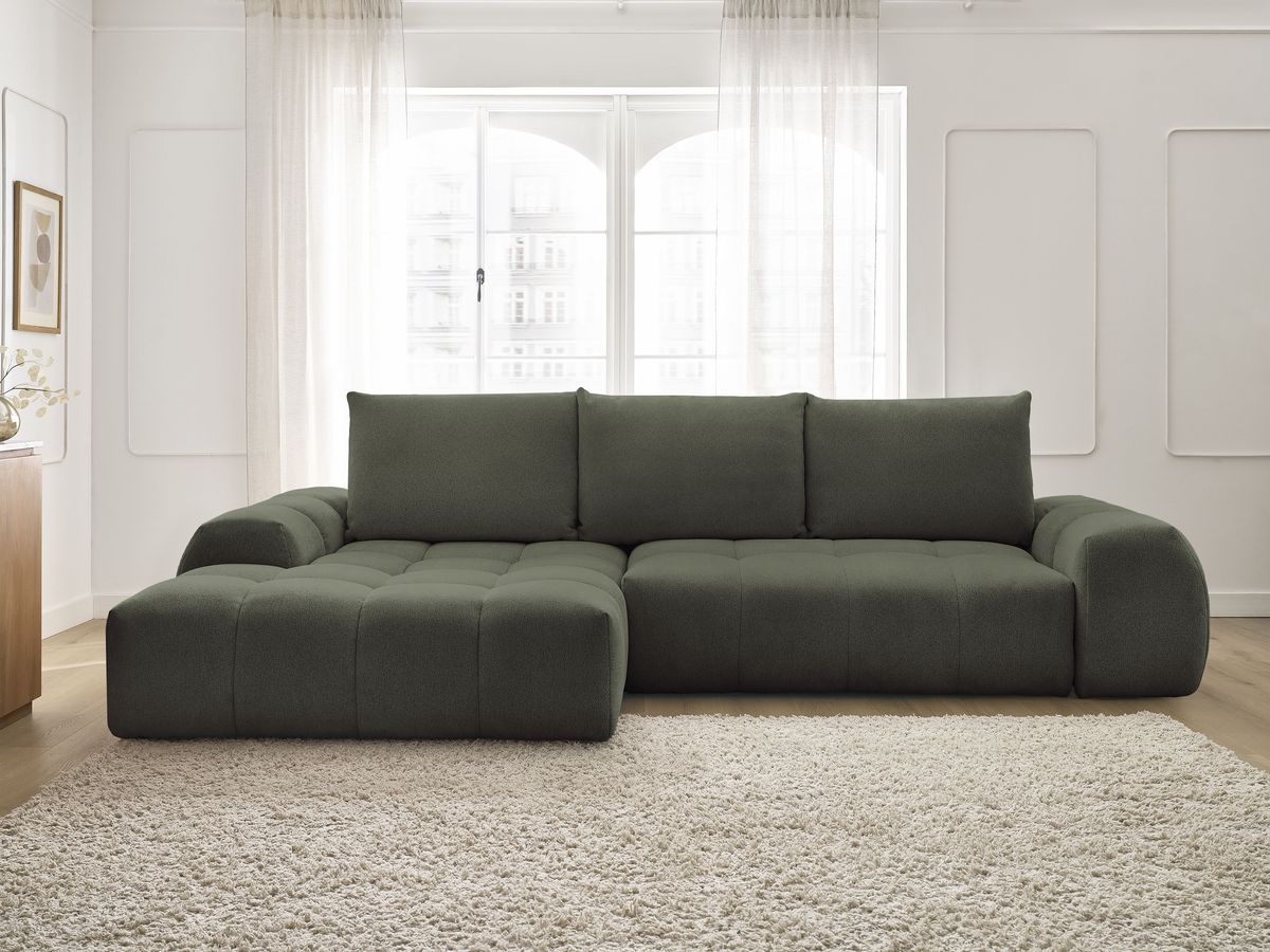 Bobochic Everest Ecksofa mit Schlaffunktion und Bettkasten 318 × 180 cm, 3 Kissen Melange-Stoff Grün Ecke links