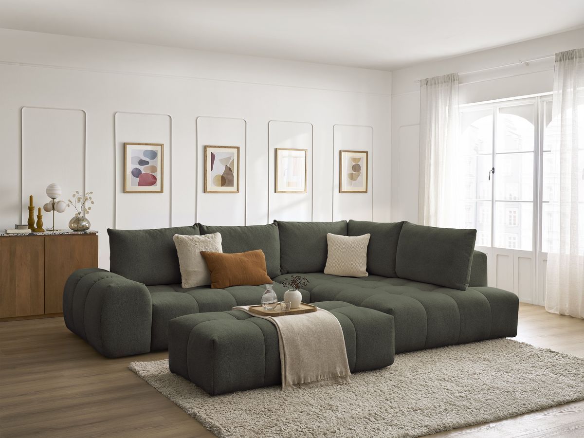 Bobochic Everest Ecksofa mit Schlaffunktion und Bettkasten und Pouf 320 × 212 cm, 5 Kissen Melange-Stoff Grün Ecke rechts