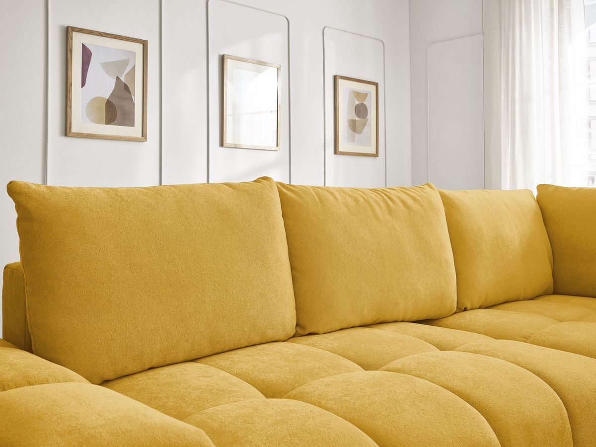 Bobochic Everest Ecksofa mit Schlaffunktion und Bettkasten 320 × 212 cm, 5 Kissen Strukturstoff Gelb Ecke rechts