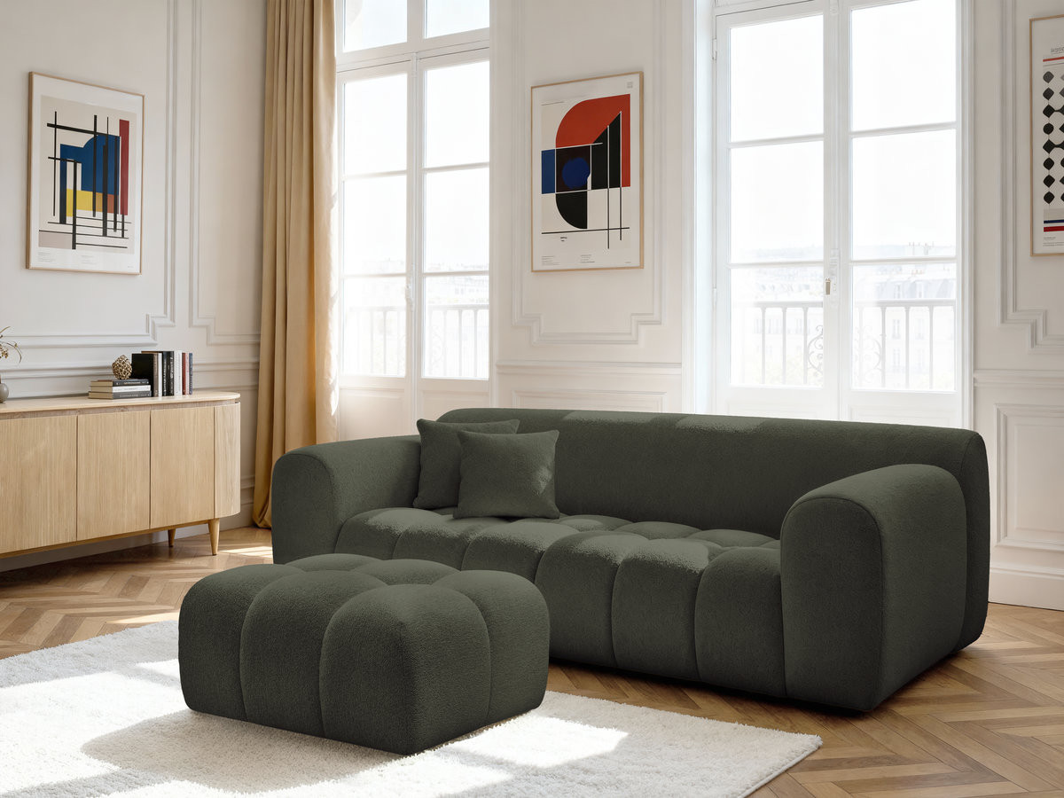 Bobochic Melisse Sofa 3-Sitzer mit Pouf Melange-Stoff Grün