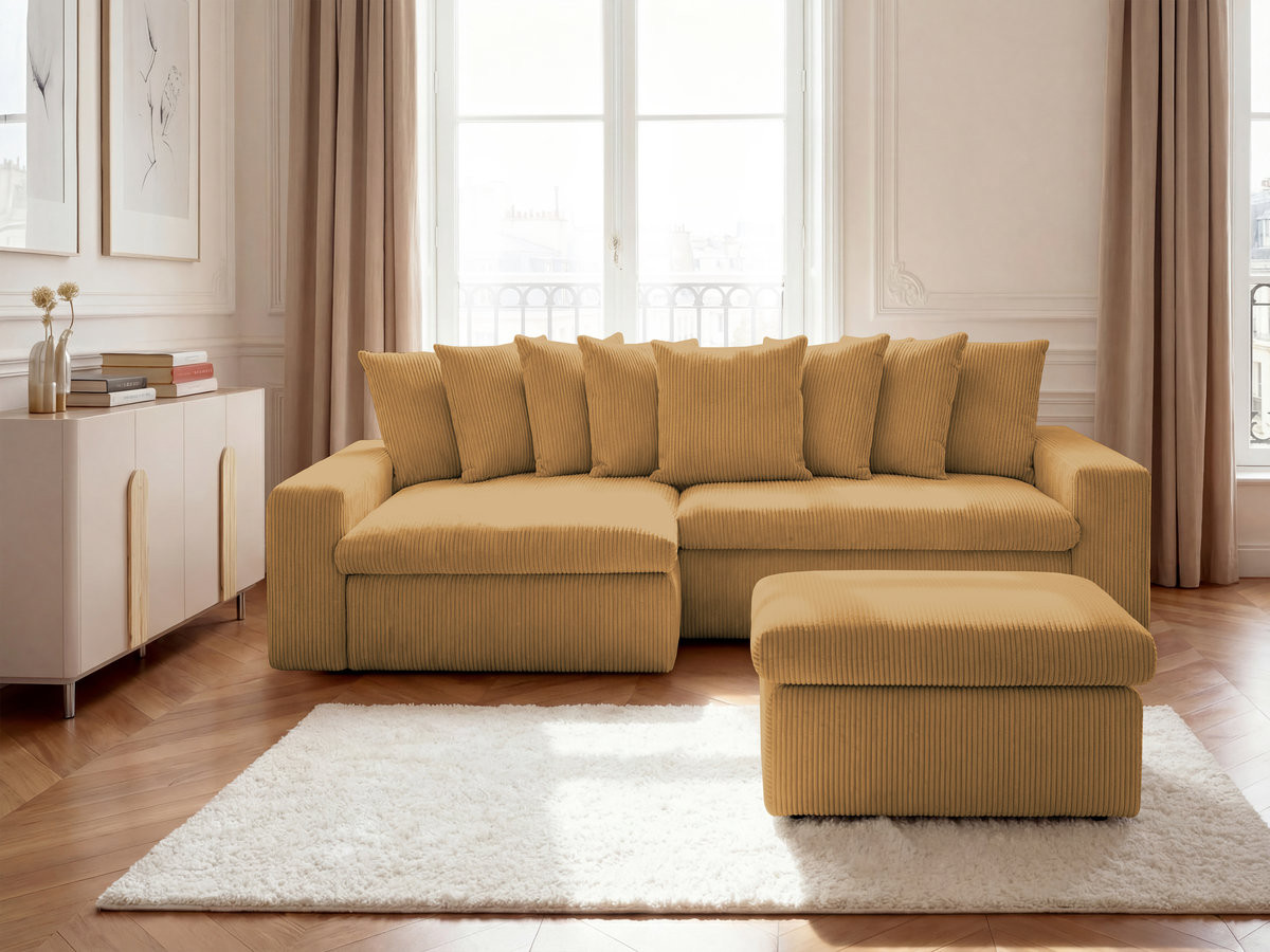 Bobochic Enore Ecksofa mit Pouf Cordsamt Gelb Ecke links