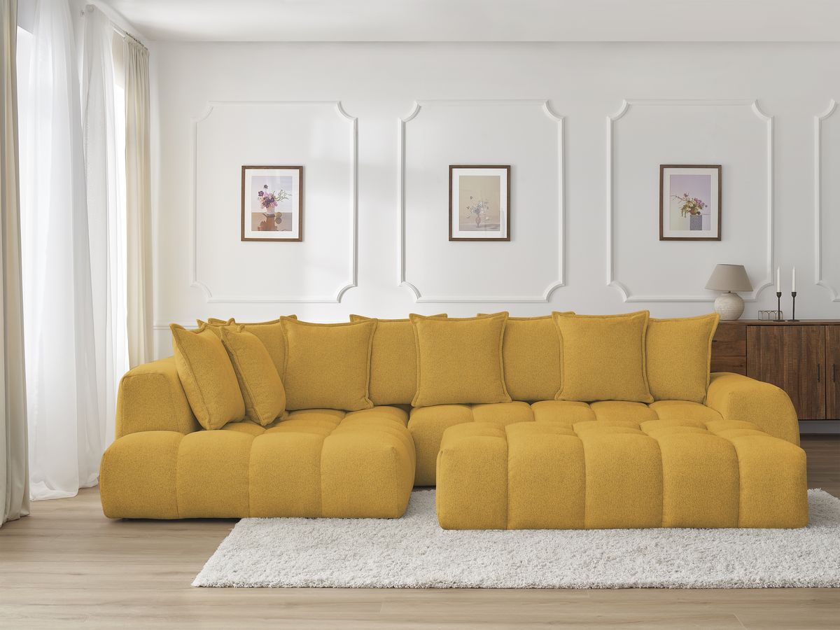 Bobochic Everest Ecksofa mit Schlaffunktion und Pouf, 10 Kissen Melange-Stoff Gelb Ecke links