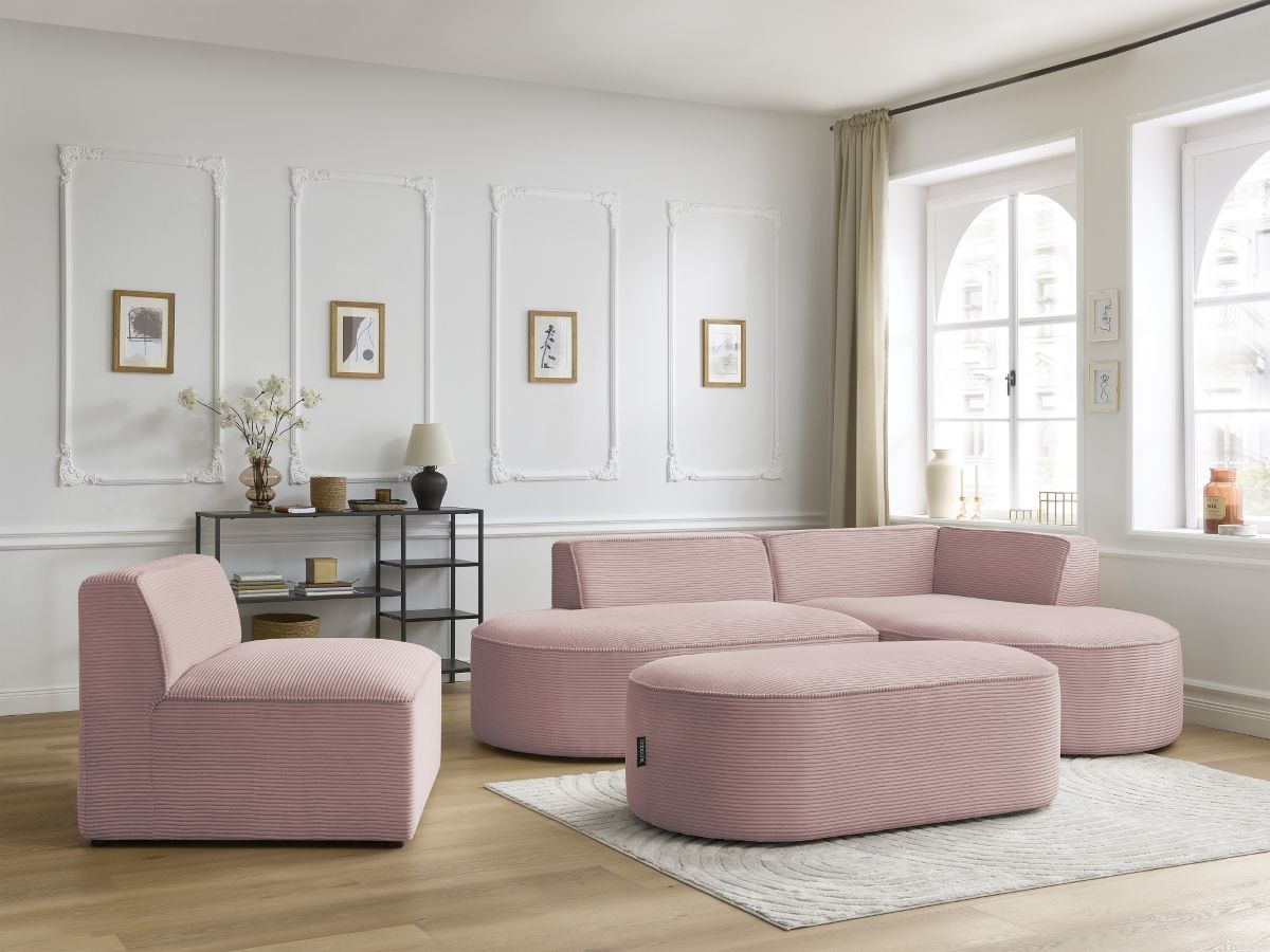 Bobochic Rousseau Ecksofa mit Sofamodul und Pouf Cordsamt Violett Ecke rechts