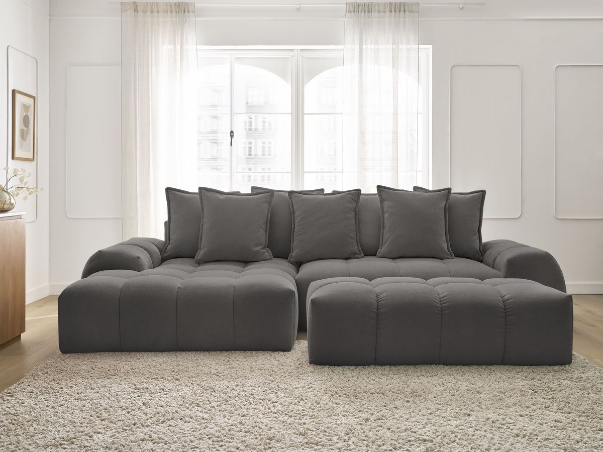 Bobochic Everest Ecksofa mit Schlaffunktion und Bettkasten und Pouf 318 × 180 cm, 7 Kissen Strukturstoff Dunkelgrau Ecke links