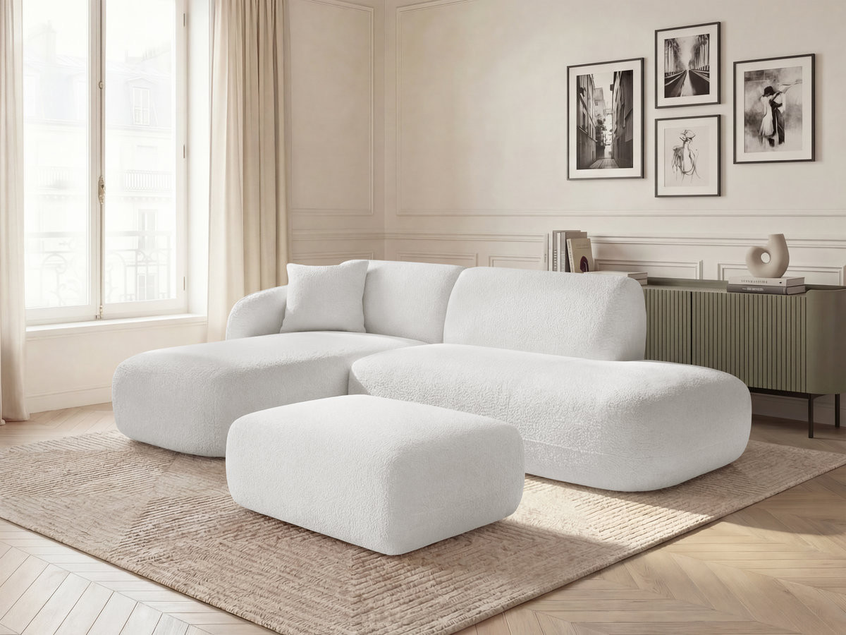 Bobochic Anda Ecksofa mit Pouf 241 × 163 cm Chenille Weiß Ecke links