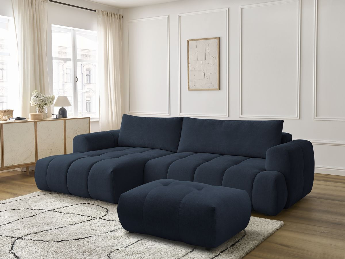 Bobochic Fuji Ecksofa mit Schlaffunktion und Bettkasten und Pouf 292 × 160 cm Stoff Dunkelblau Ecke links