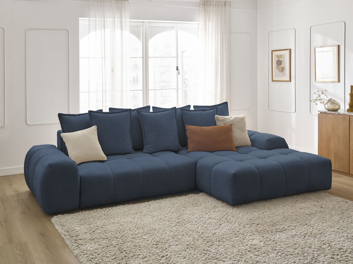 Bobochic Everest Ecksofa mit Schlaffunktion und Bettkasten 318 × 180 cm, 7 Kissen Melange-Stoff Dunkelblau Ecke rechts