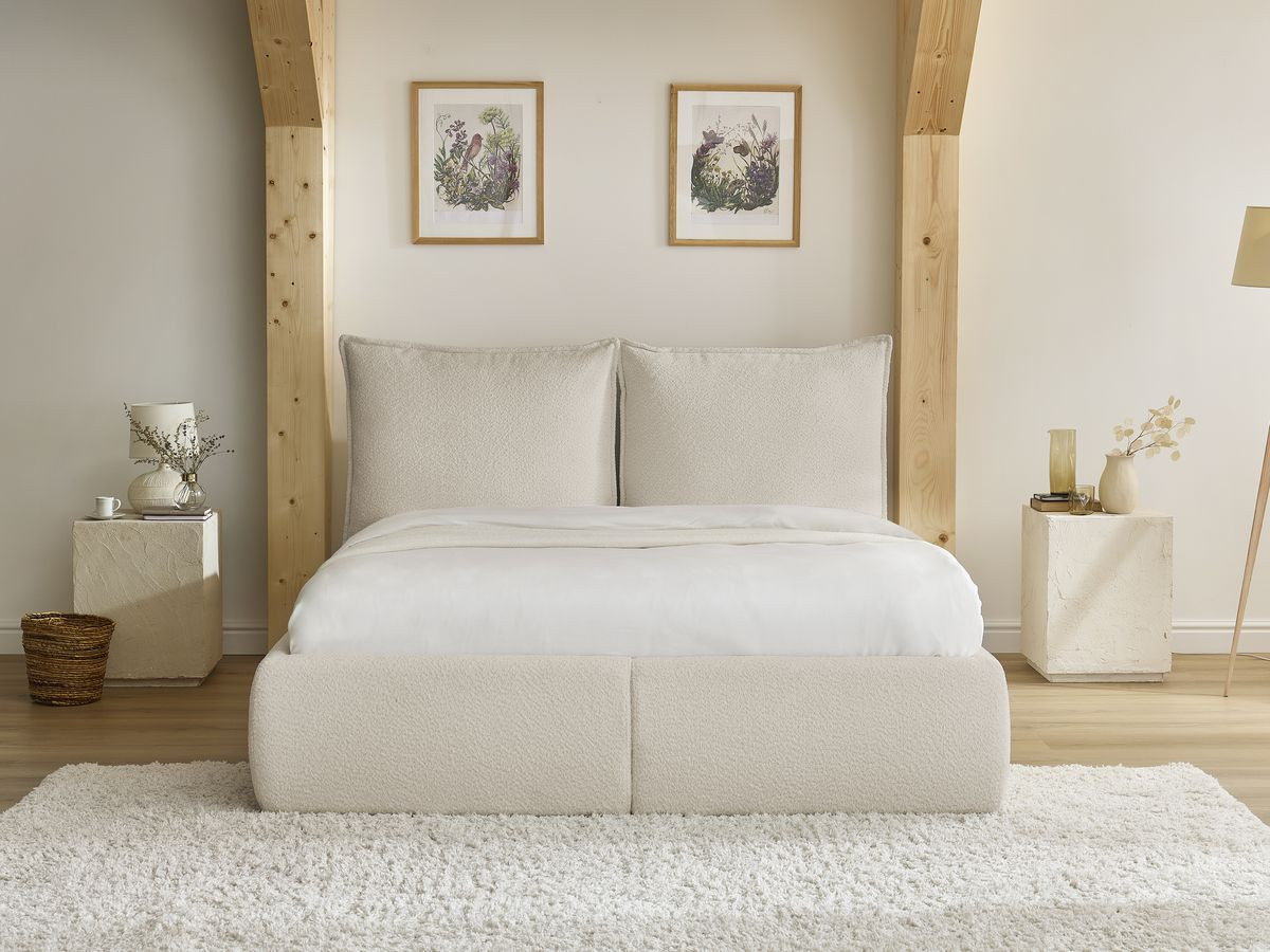 Bobochic Garance Polsterbett mit Bettkasten Bouclé-Stoff Beige, Liegefläche 160 × 200 cm
