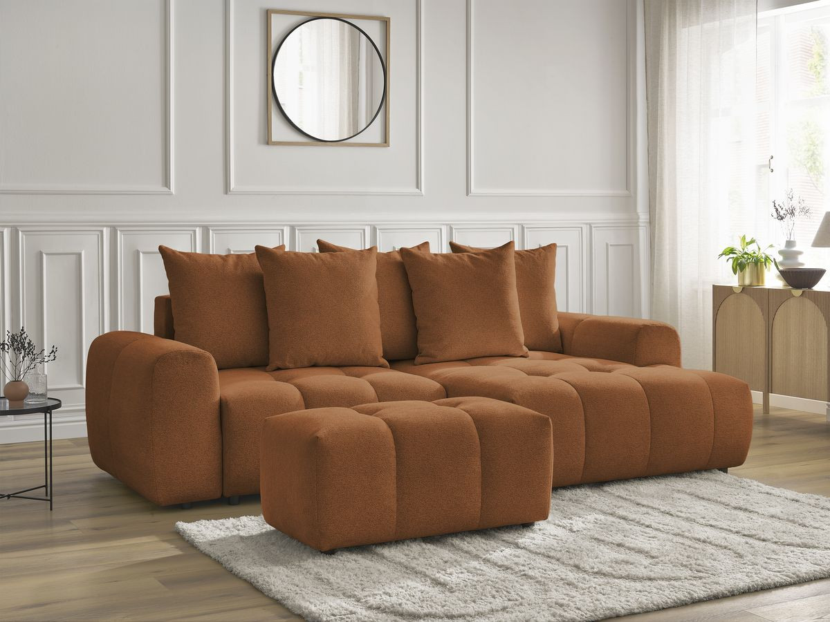 Bobochic Roxelane Ecksofa mit Schlaffunktion und Bettkasten und Pouf 258 × 150 cm Melange-Stoff Orange Ecke rechts