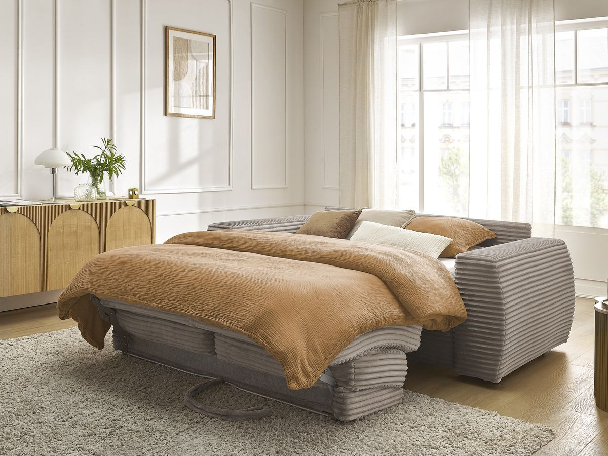 Bobochic Hugo Schlafsofa 3-Sitzer Cordsamt Taupe, Liegefläche 140 × 190 cm