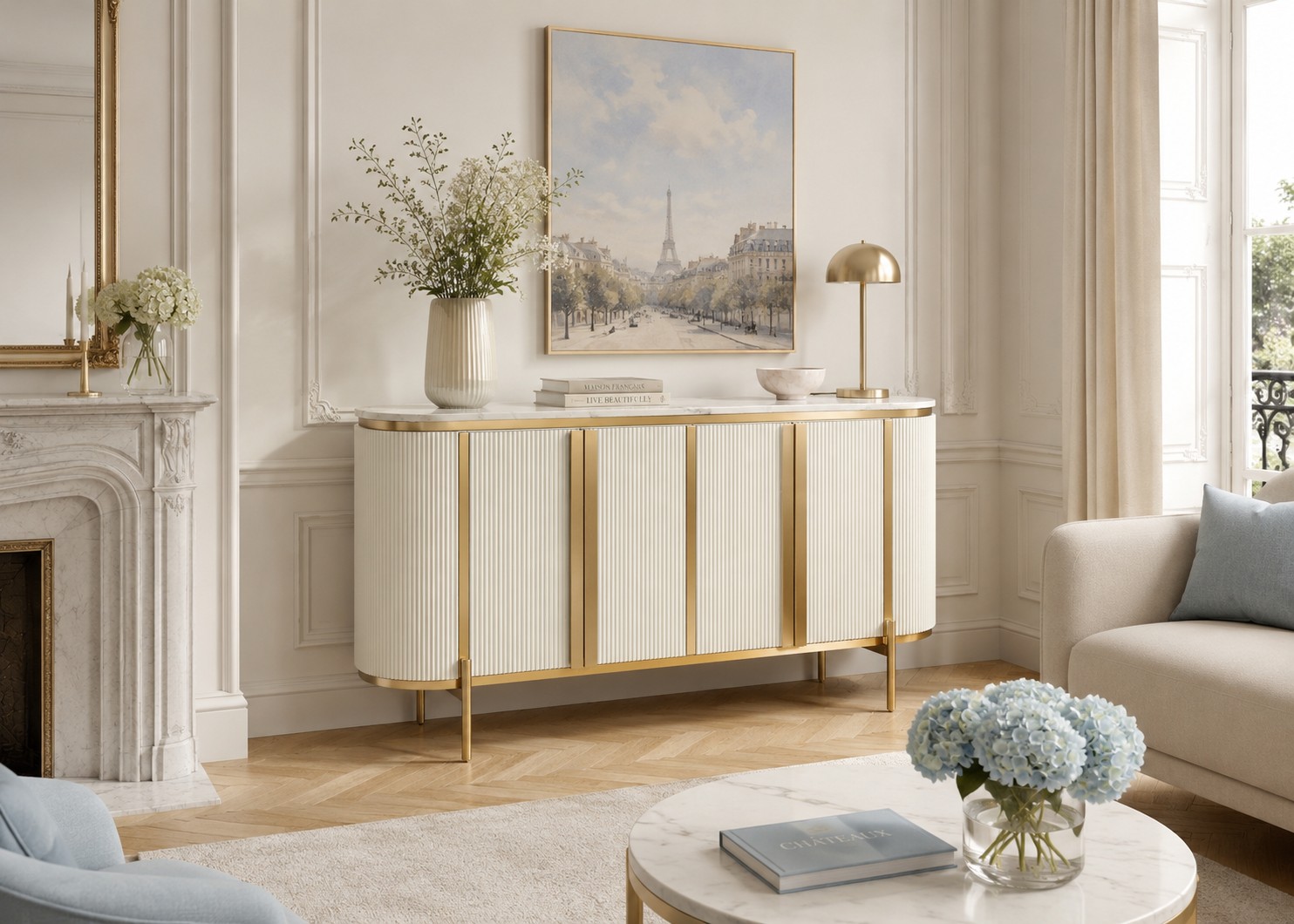 Livin Hill Sideboard Stilig Riffelfront 160 cm Ecru-Weiß, Platte Weiß