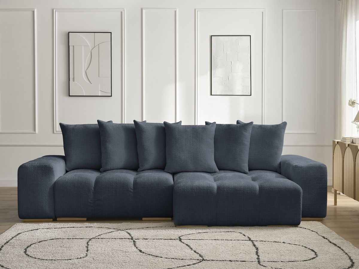 Bobochic Anakin Ecksofa mit Schlaffunktion und Bettkasten, 6 Kissen Strukturstoff Dunkelblau