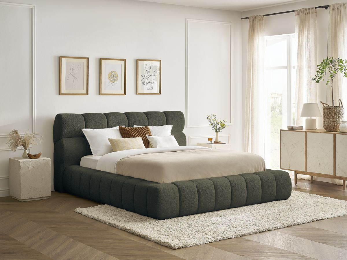 Bobochic Mont-blanc Polsterbett mit Bettkasten Bouclé-Stoff Grün, Liegefläche 140 × 190 cm