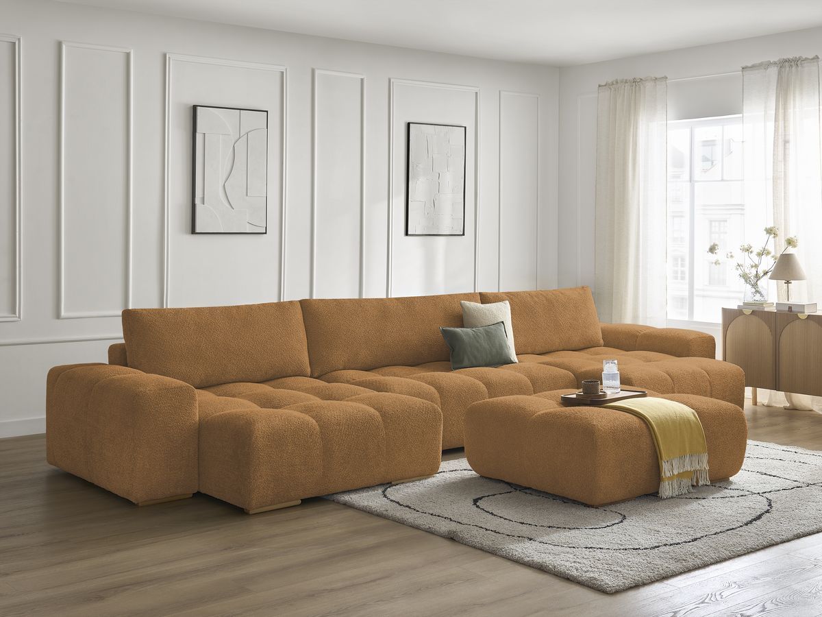 Bobochic Anakin Wohnlandschaft mit Pouf, Liegefläche 137 × 382 cm, 3 Kissen Bouclé-Stoff Gelb