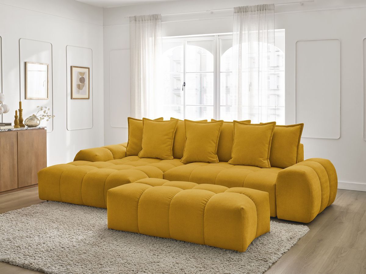 Bobochic Everest Ecksofa mit Schlaffunktion und Bettkasten und Pouf 318 × 180 cm, 7 Kissen Strukturstoff Gelb Ecke links
