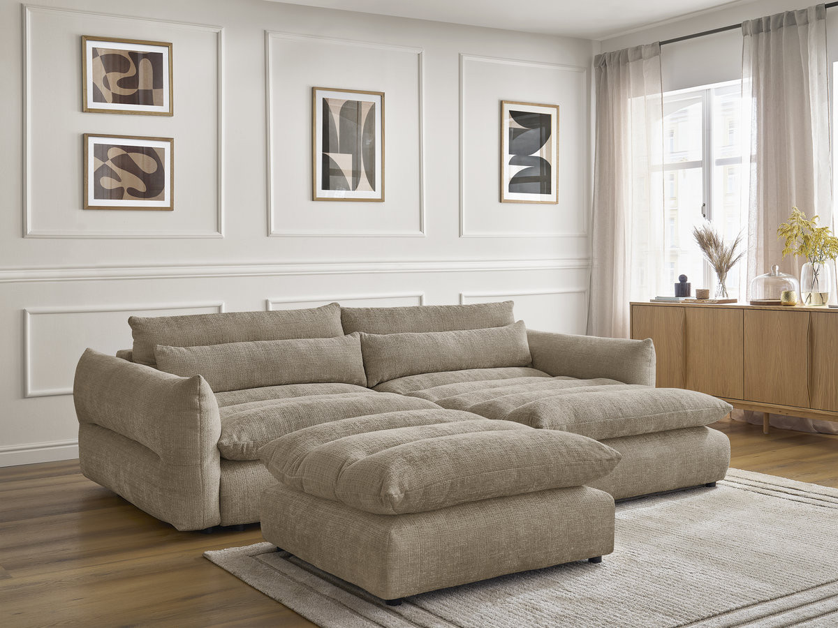 Bobochic Neil Ecksofa mit Pouf Strukturstoff Taupe Ecke rechts