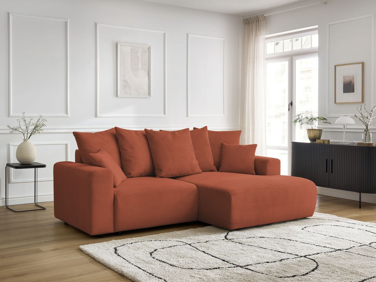Bobochic Atilla Ecksofa mit Schlaffunktion und Bettkasten Cordsamt Orange Ecke rechts