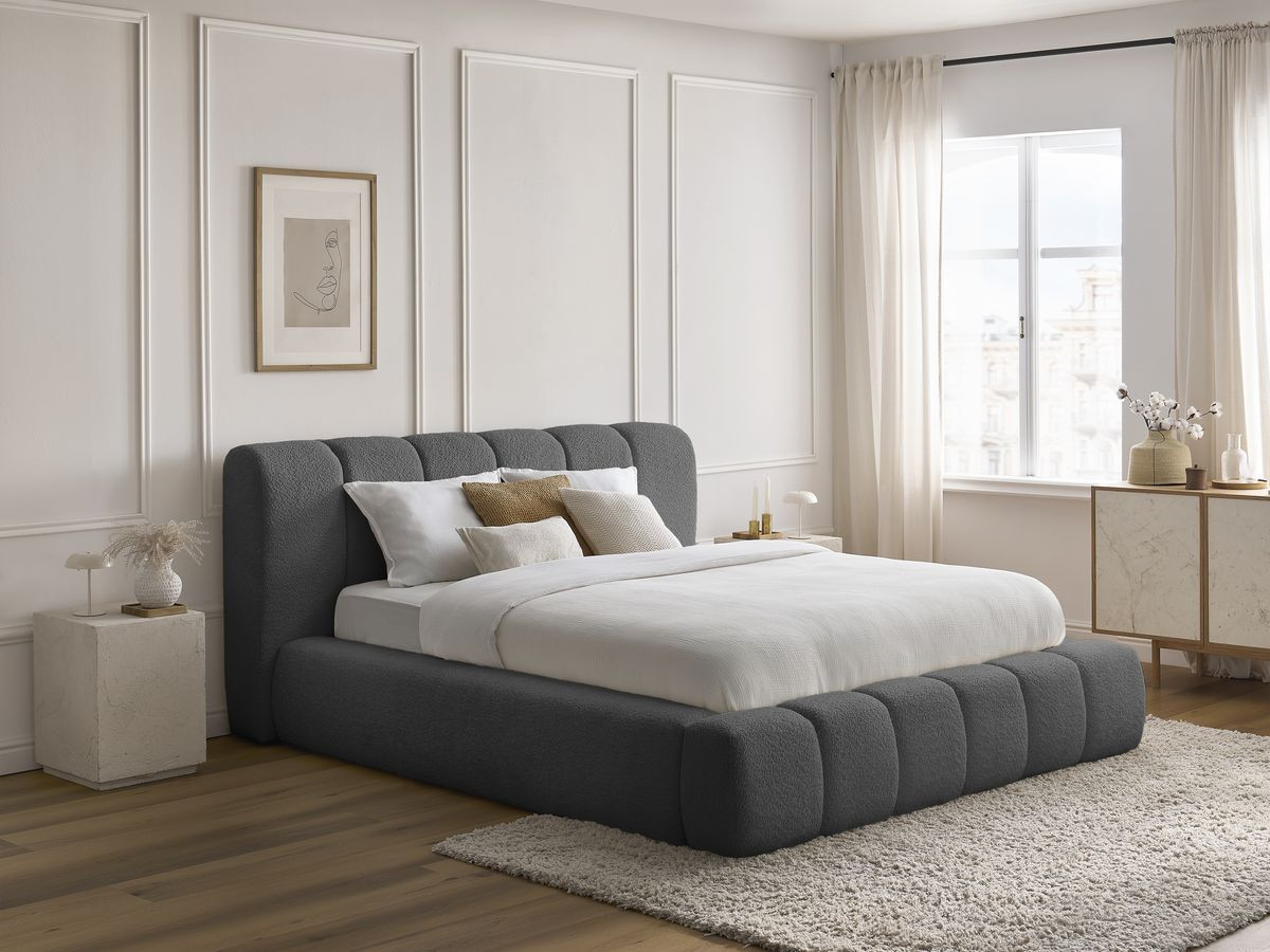 Bobochic Denali Polsterbett mit Bettkasten Bouclé-Stoff Dunkelgrau, Liegefläche 140 × 190 cm