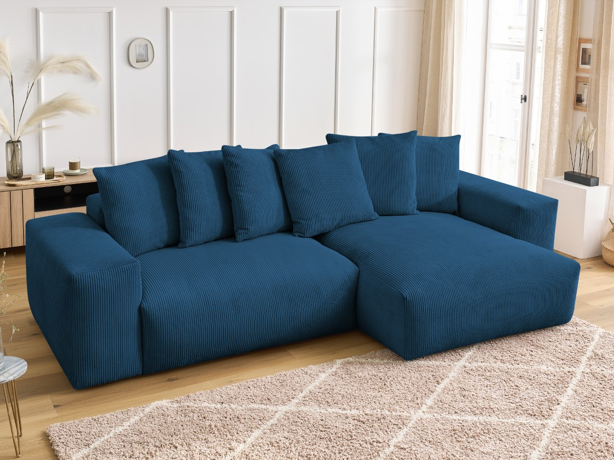 Bobochic Voltaire Ecksofa mit Schlaffunktion und Bettkasten Cordsamt Dunkelblau