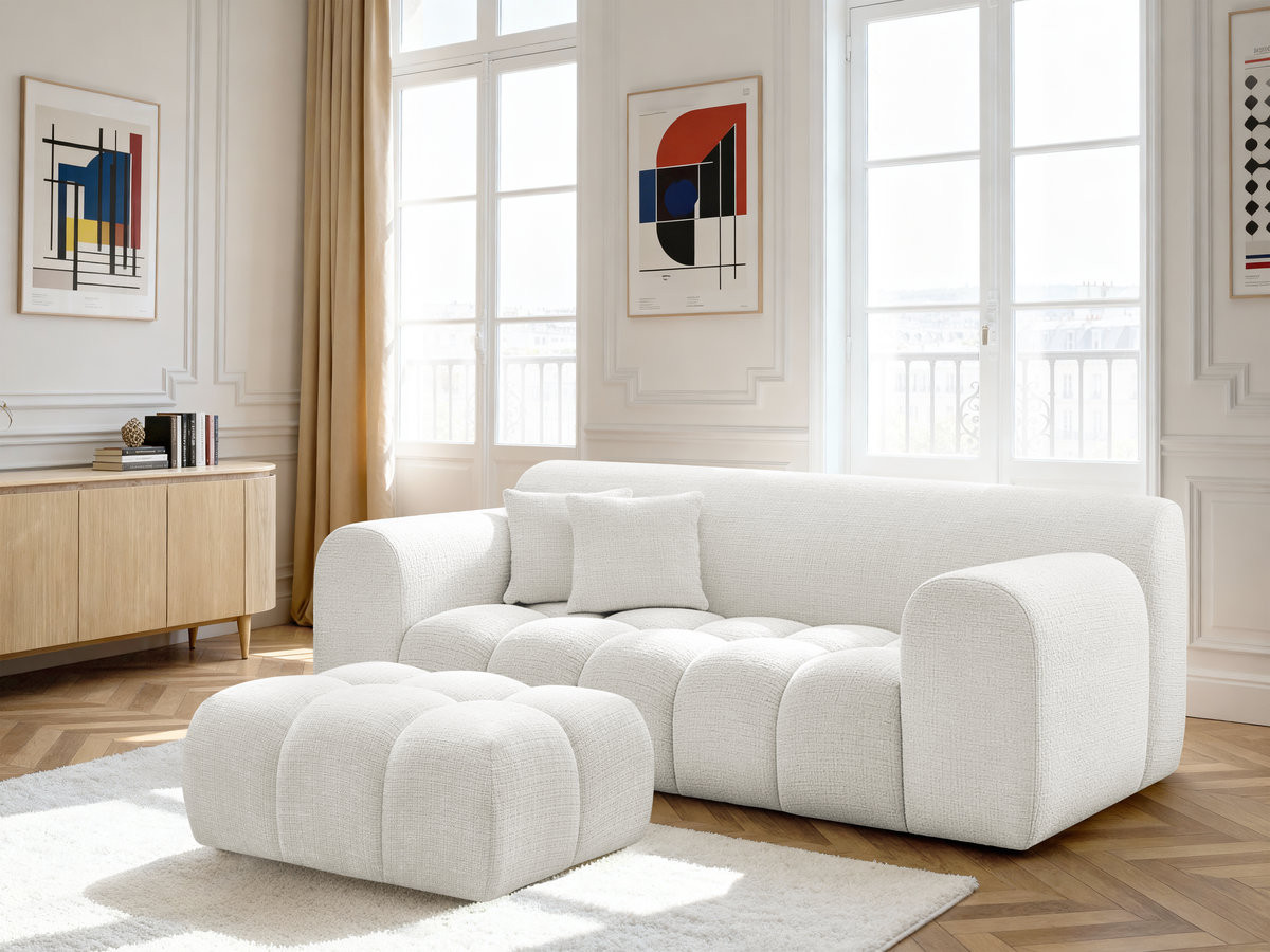Bobochic Melisse Sofa 2-Sitzer mit Pouf Strukturstoff Weiß