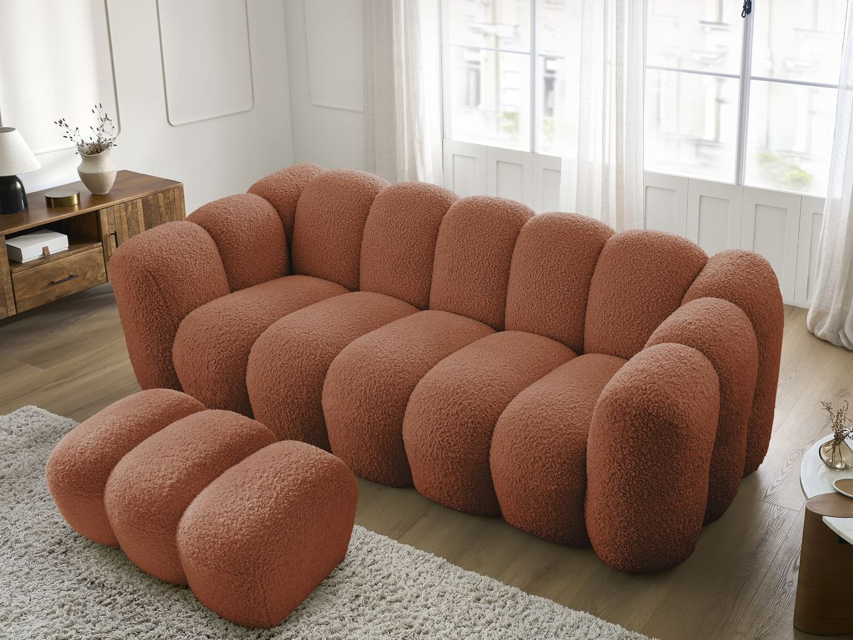 Bobochic Hippolyte Sofa 3-Sitzer mit Pouf Bouclé-Stoff Orange