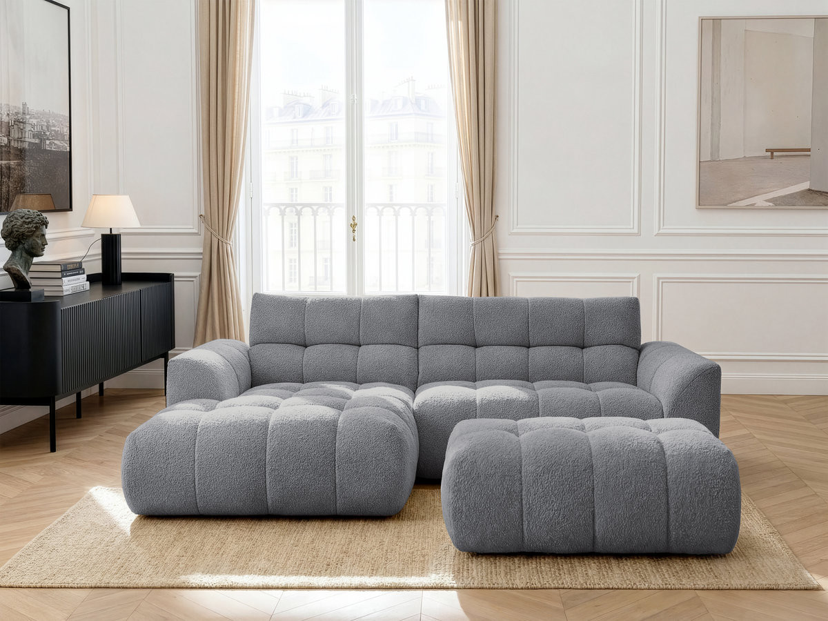 Bobochic Jaya Ecksofa mit Pouf Chenille Grau Ecke links