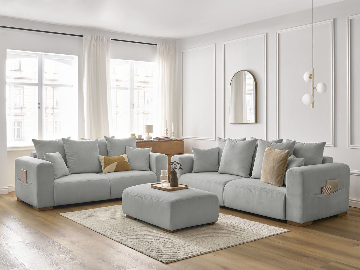 Bobochic Sidonie Sofa 6-Sitzer mit Pouf Cordsamt Hellgrau