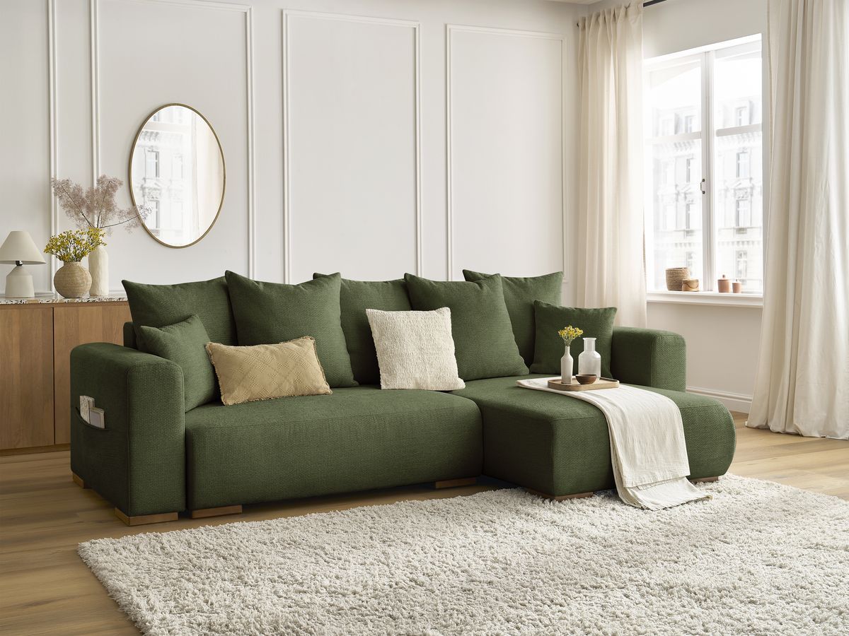 Bobochic Sidonie Ecksofa mit Schlaffunktion und Bettkasten Melange-Stoff Grün
