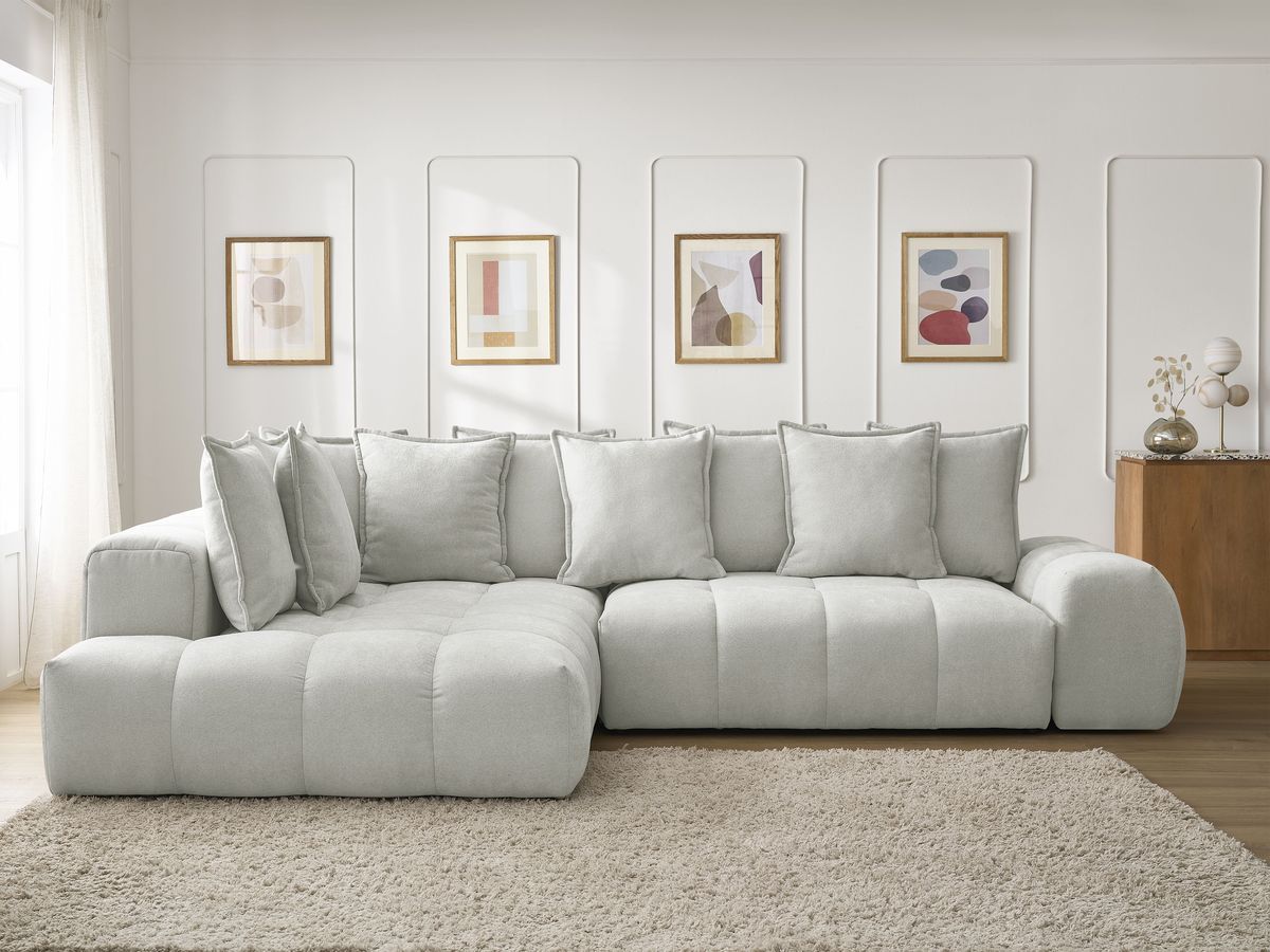Bobochic Everest Ecksofa mit Schlaffunktion und Bettkasten 320 × 212 cm, 10 Kissen Strukturstoff Hellgrau Ecke links