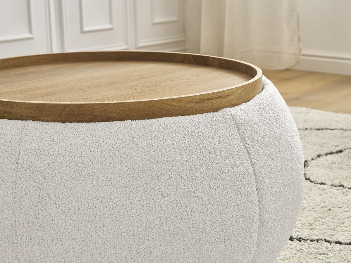 Bobochic Hayden Pouf mit Tablett, rund Bouclé-Stoff Weiß, 77 cm