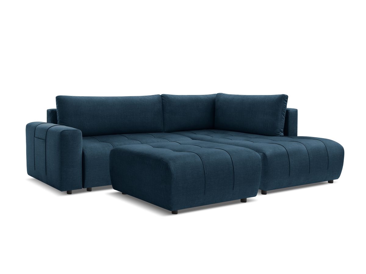 Bobochic Arsene Ecksofa mit Schlaffunktion und Bettkasten und Pouf 277 × 200 cm Samt Blau Ecke rechts
