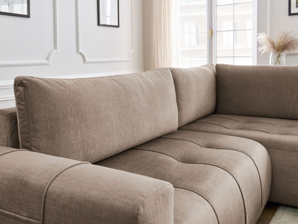 Bobochic Arsene Ecksofa mit Schlaffunktion und Bettkasten 277 × 200 cm Samt Taupe Ecke rechts