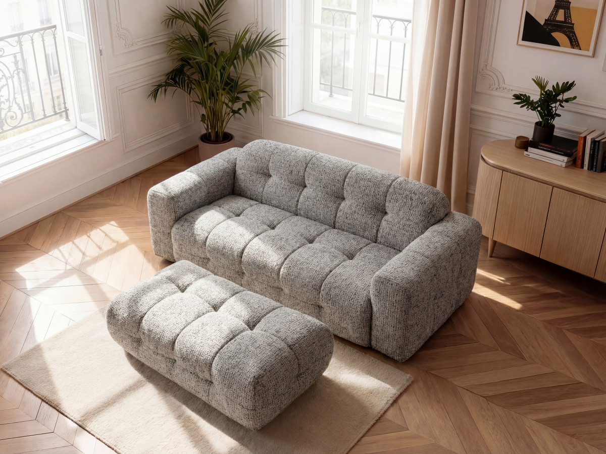 Bobochic Laura Sofa 3-Sitzer mit großem Pouf Melange-Stoff Taupe