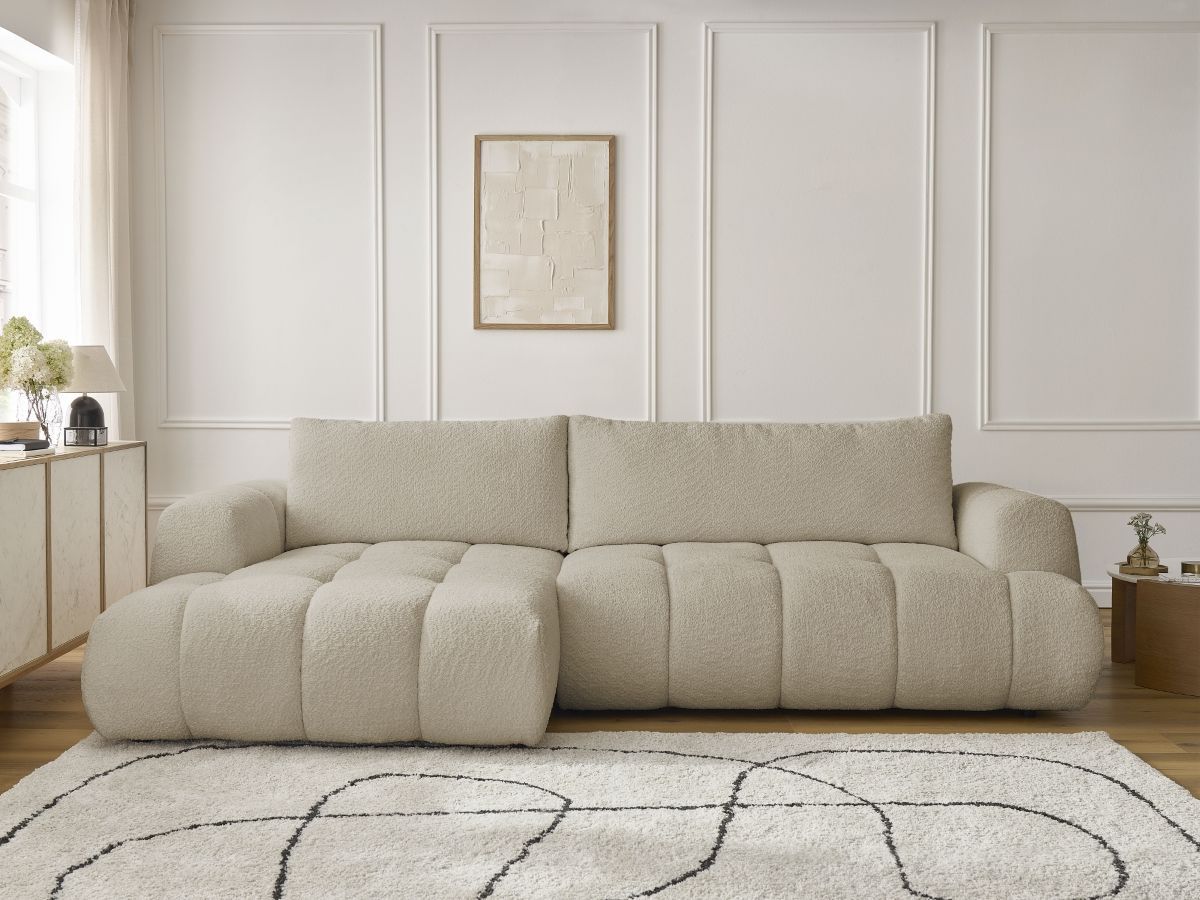 Bobochic Fuji Ecksofa mit Schlaffunktion und Bettkasten 292 × 160 cm Bouclé-Stoff Beige Ecke links