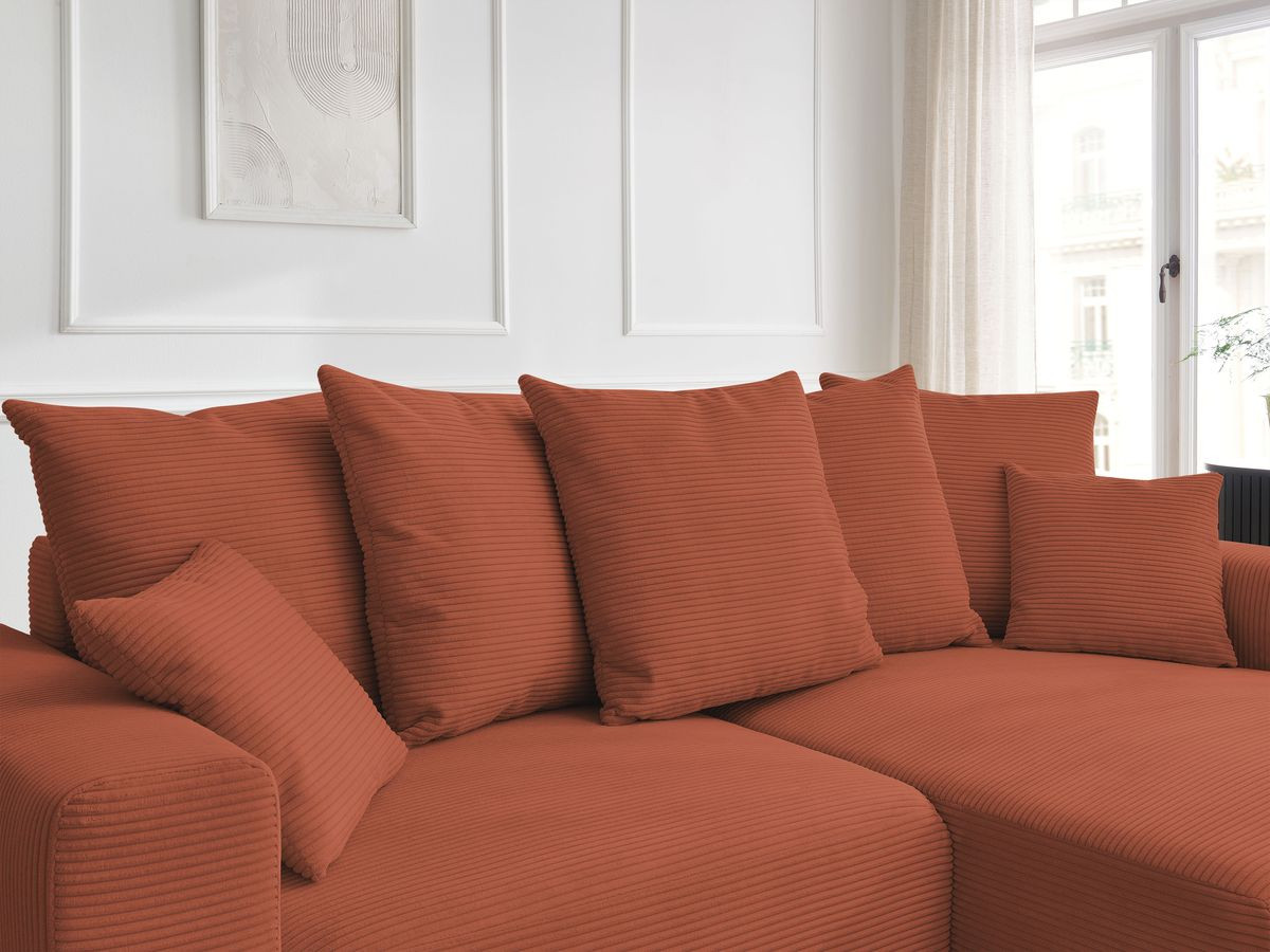 Bobochic Atilla Ecksofa mit Schlaffunktion und Bettkasten Cordsamt Orange Ecke rechts