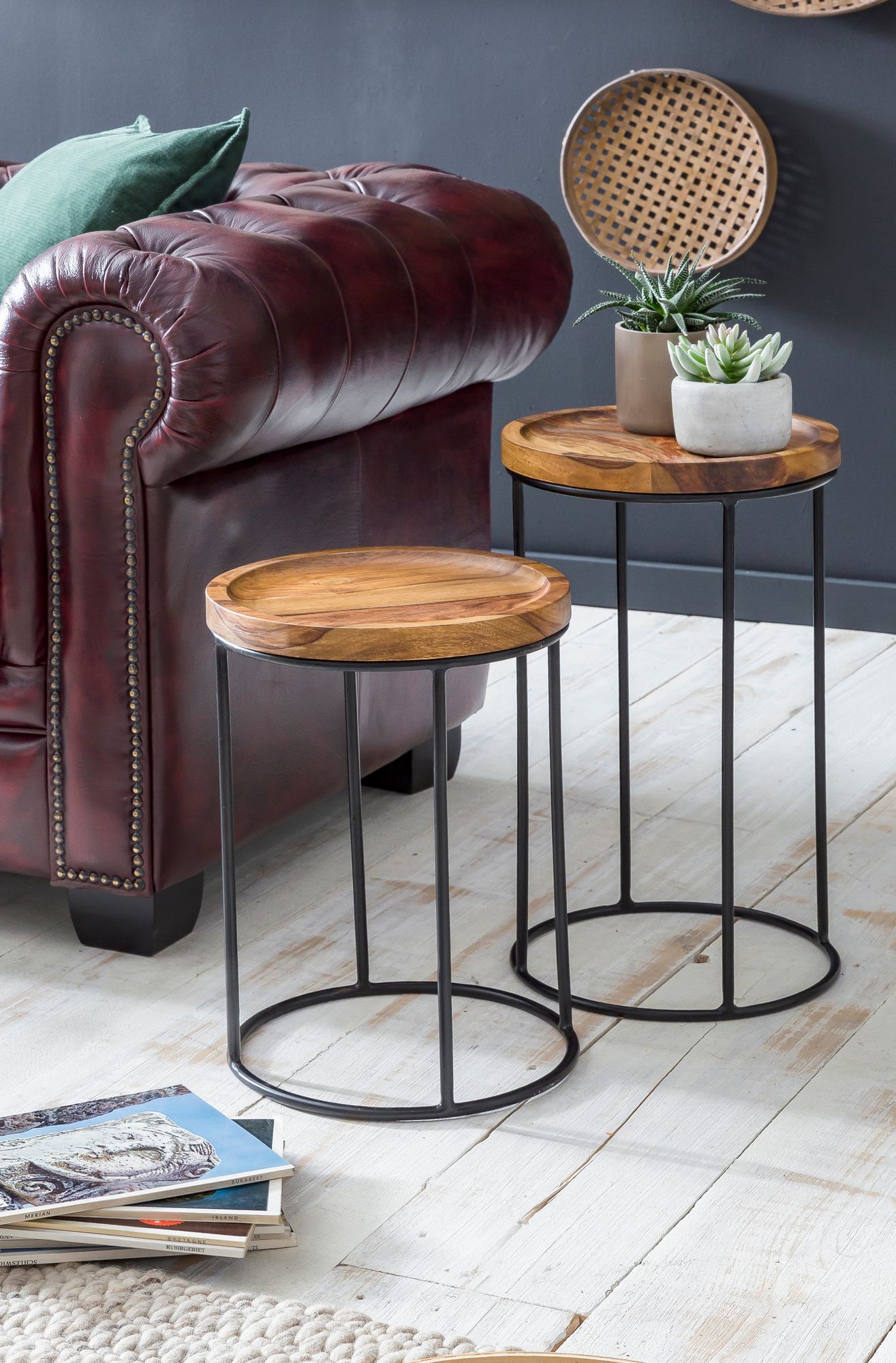 Satztisch 2er-Set Fredskov Sheesham Massivholz Ø 30 cm