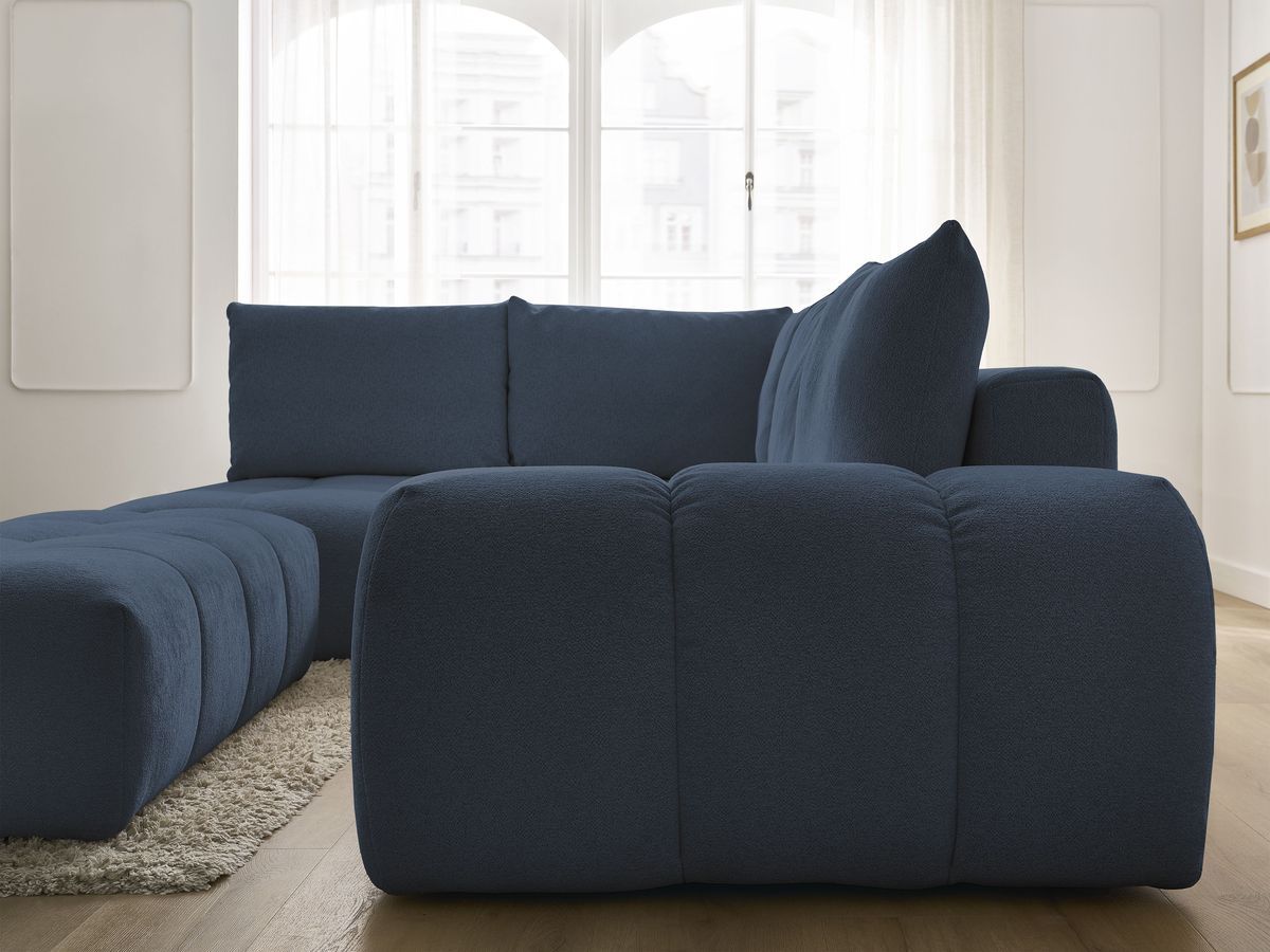 Bobochic Everest Ecksofa mit Schlaffunktion und Bettkasten und Pouf 320 × 212 cm, 5 Kissen Melange-Stoff Dunkelblau Ecke links
