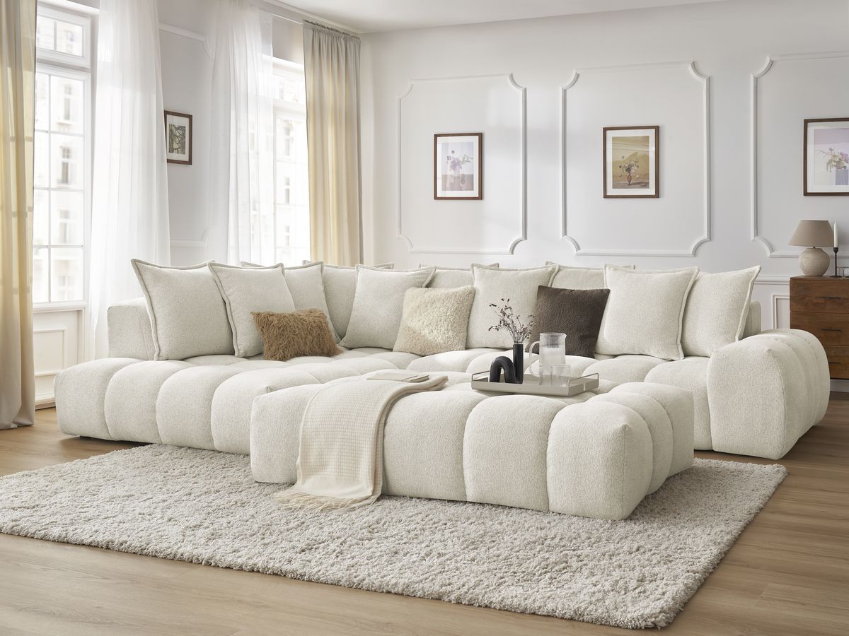 Bobochic Everest Ecksofa mit Schlaffunktion und Pouf, 10 Kissen Melange-Stoff Weiß Ecke links