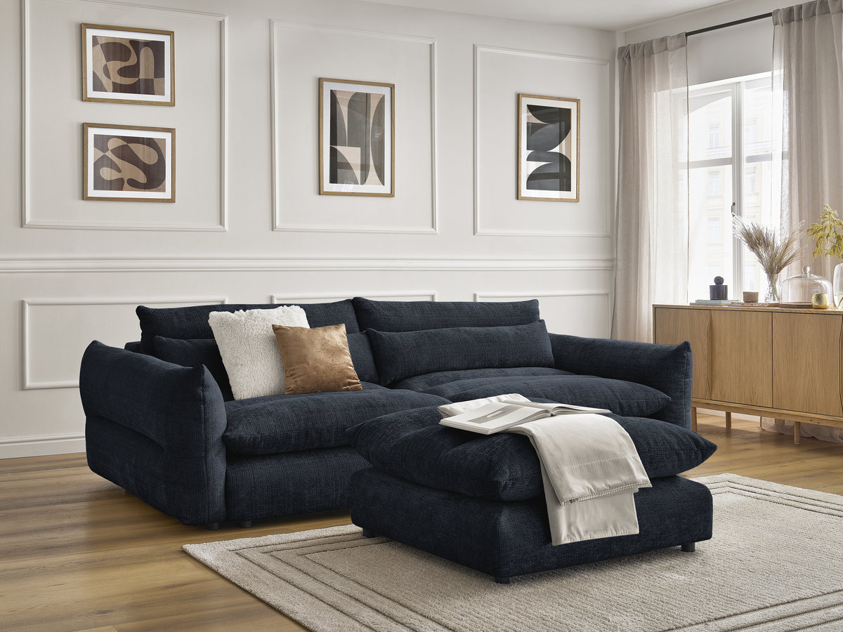 Bobochic Neil Sofa 3-Sitzer mit Pouf Strukturstoff Dunkelblau