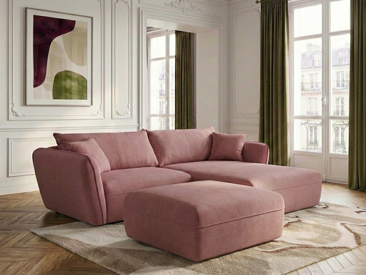 Bobochic Luigi Ecksofa mit Pouf Strukturstoff Rosa Ecke rechts