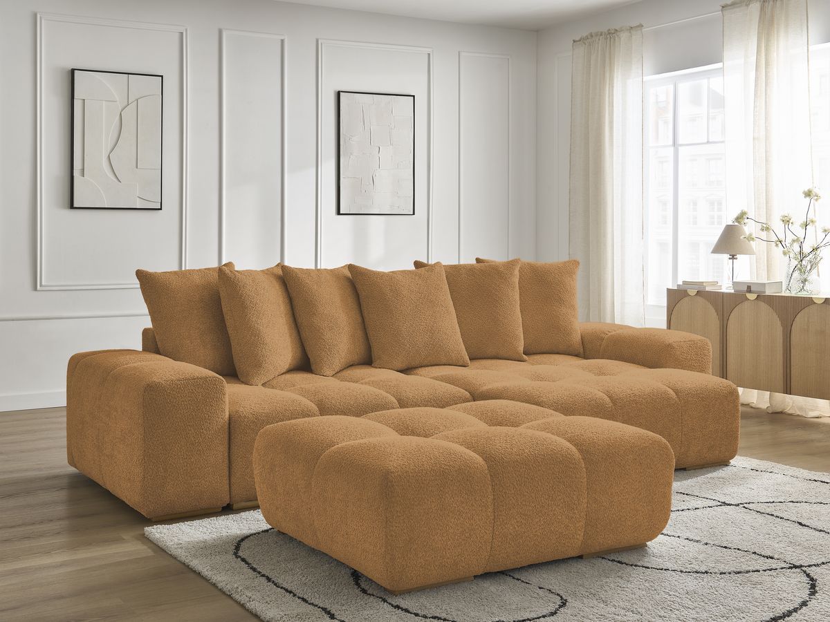 Bobochic Anakin Ecksofa mit Pouf, 6 Kissen Bouclé-Stoff Gelb