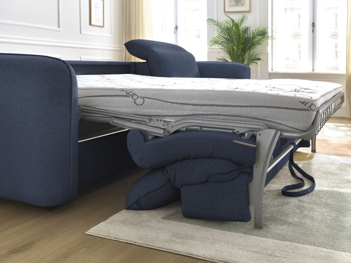 Bobochic Achille Ecksofa mit Schlaffunktion und Bettkasten Melange-Stoff Dunkelblau, Liegefläche 160 × 200 cm