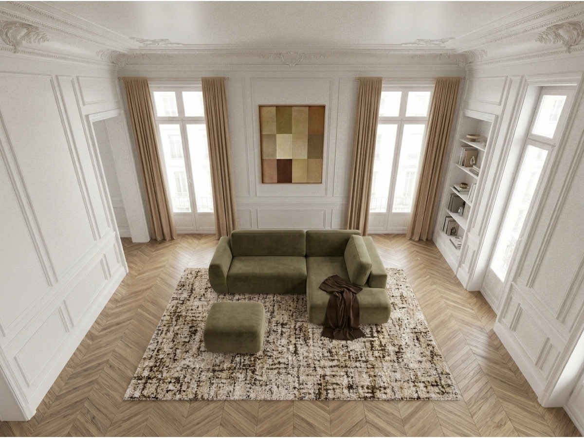 Bobochic Denise Ecksofa mit Schlaffunktion und Bettkasten und Pouf 256 × 197 cm Strukturstoff Grün Ecke rechts