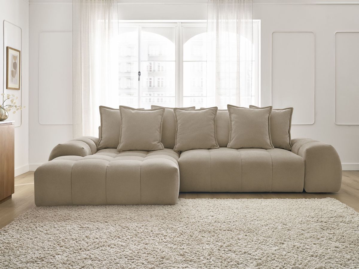 Bobochic Everest Ecksofa mit Schlaffunktion und Bettkasten 318 × 180 cm, 7 Kissen Strukturstoff Taupe Ecke links