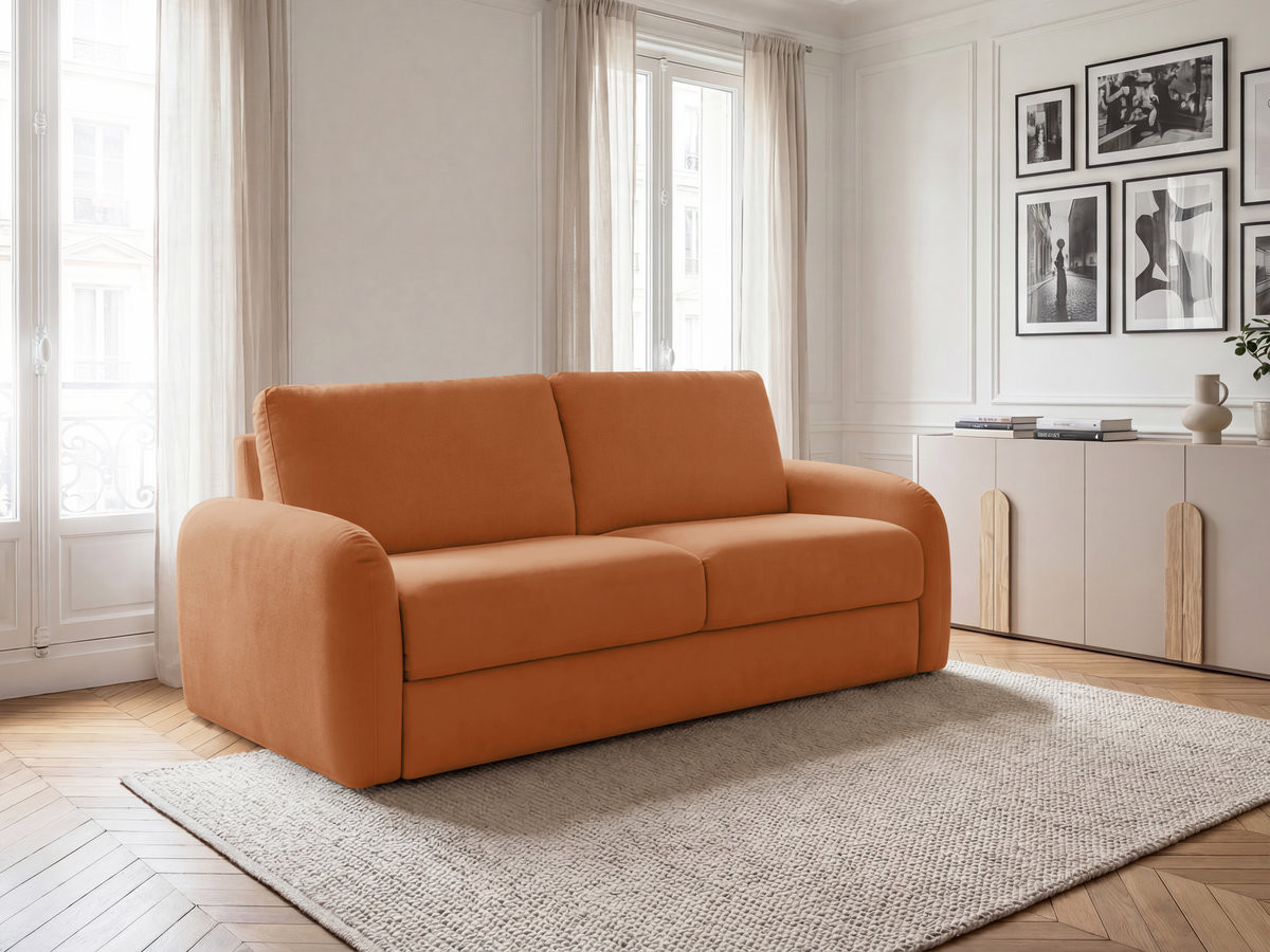 Bobochic Kenan Schlafsofa 3-Sitzer Stoff Orange, Liegefläche 140 × 196 cm