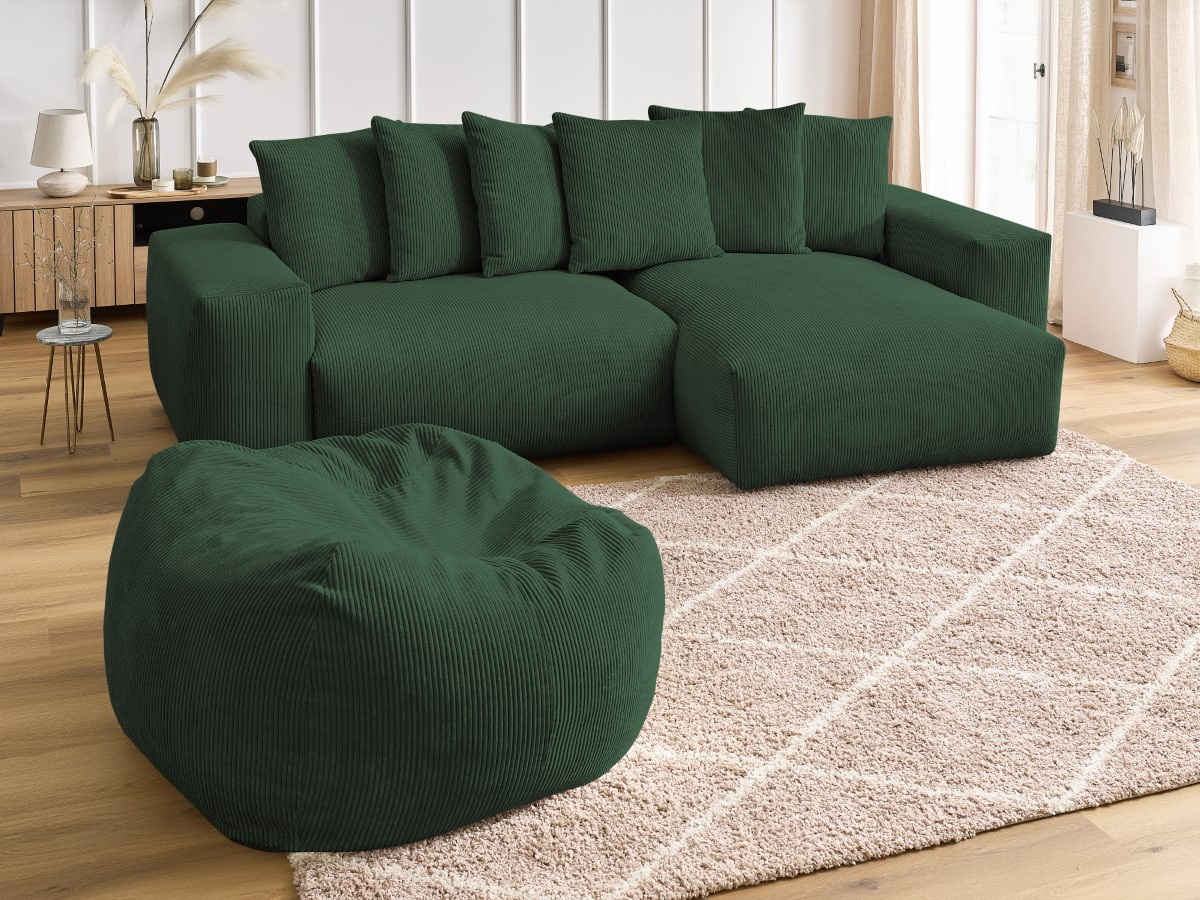 Bobochic Voltaire Ecksofa mit Pouf 310 × 174 cm Cordsamt Grün