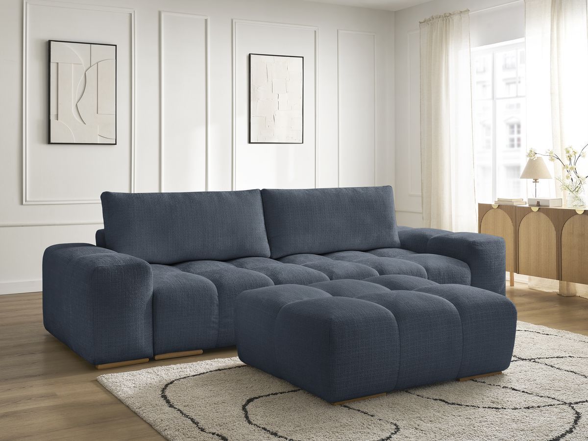 Bobochic Anakin Schlafsofa 3-Sitzer mit Bettkasten und Pouf, 2 Kissen Strukturstoff Dunkelblau