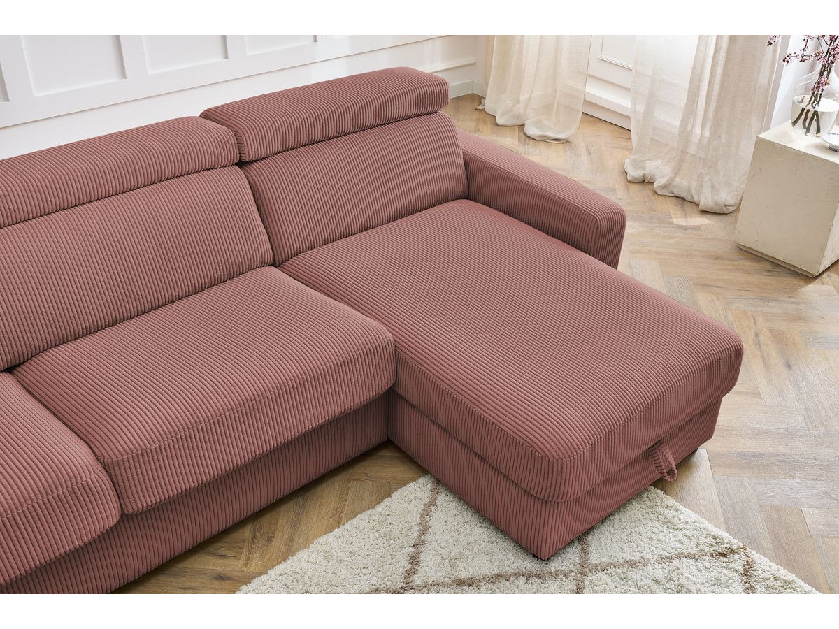 Bobochic Monaco Ecksofa mit Schlaffunktion und Bettkasten Cordsamt Rosa, Liegefläche 140 × 190 cm