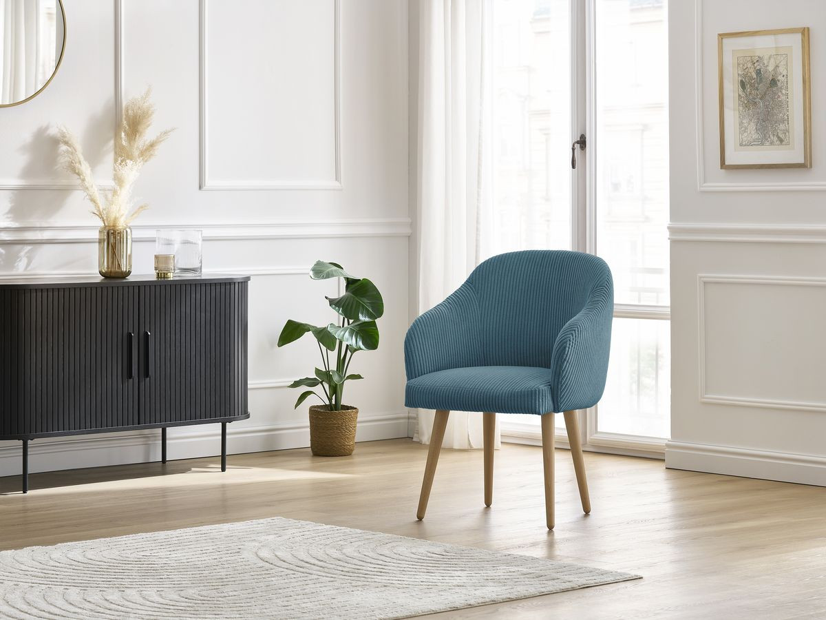 Bobochic Sophie Esszimmerstuhl mit skandinavischen Holzbeinen Cordsamt Dunkelblau
